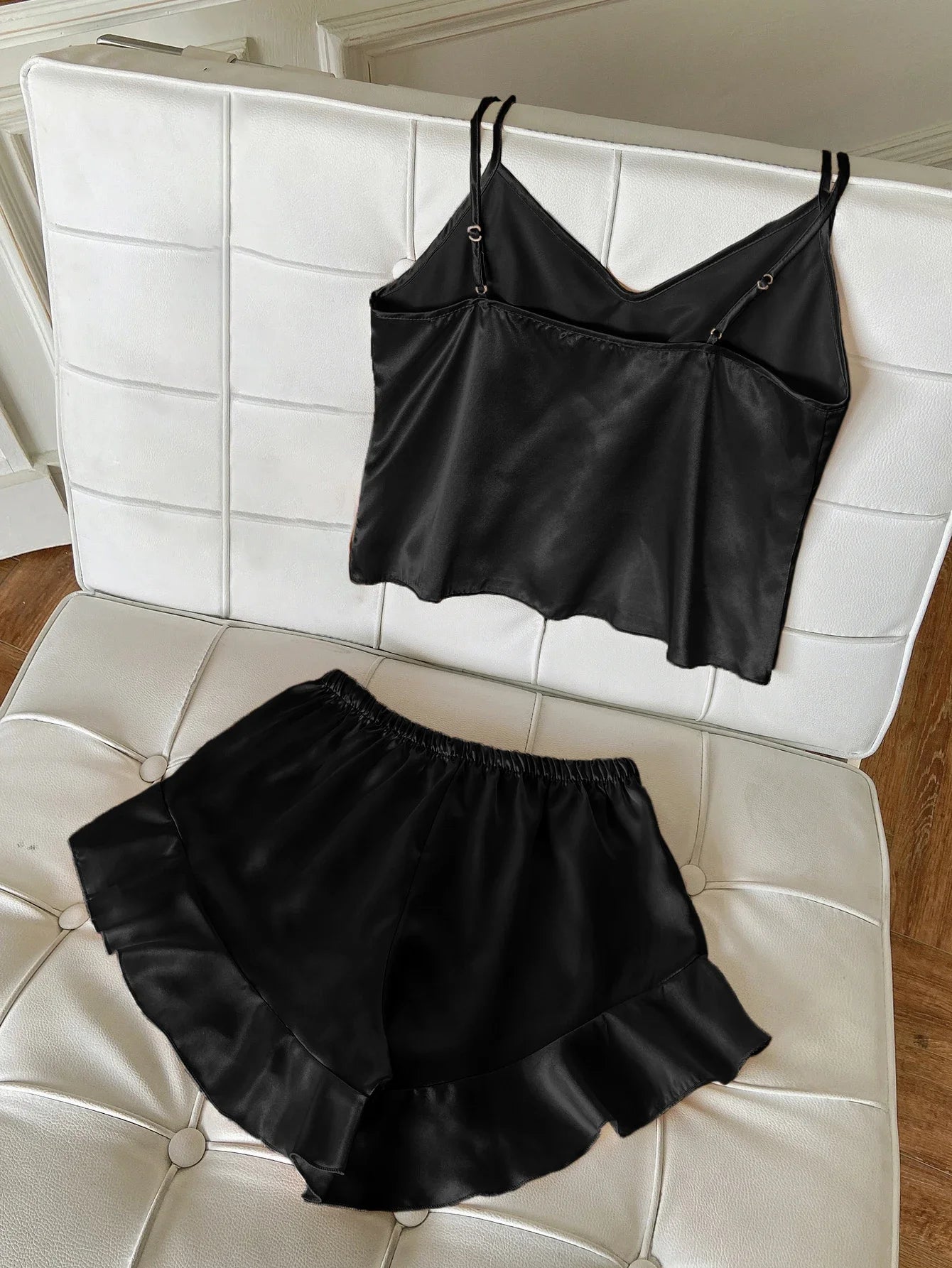 Solid Satin Pajama Set V Neck Cami Top Ruffle Shorts Women's Sleepwear Loungewear