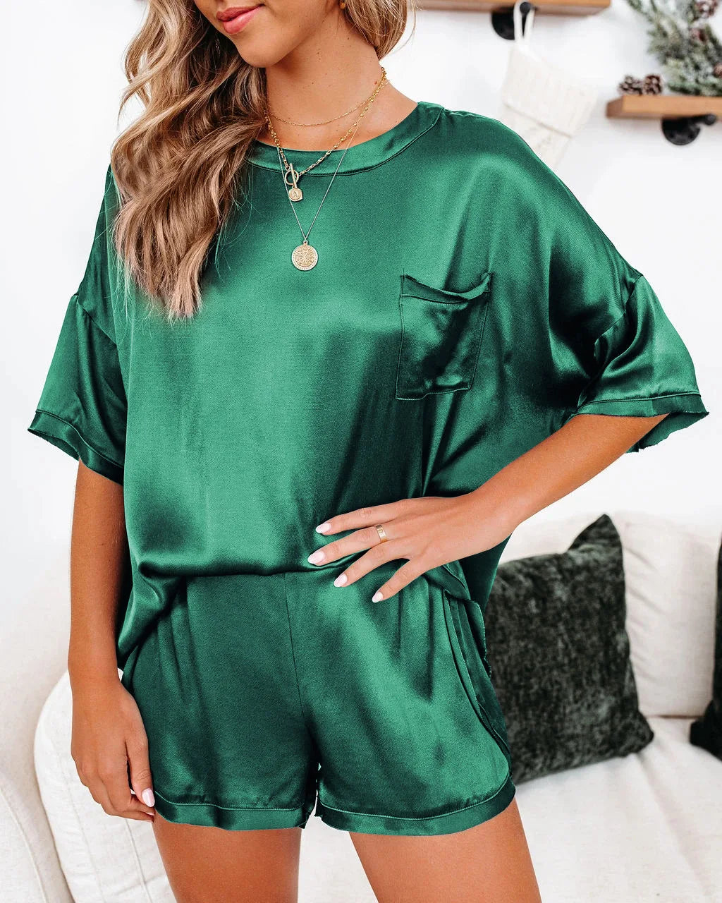 2024 European and American Spring New Solid Color Silk Like Pajamas Home Furnishing Short Sleeve Shorts Irregular Two Piece Set