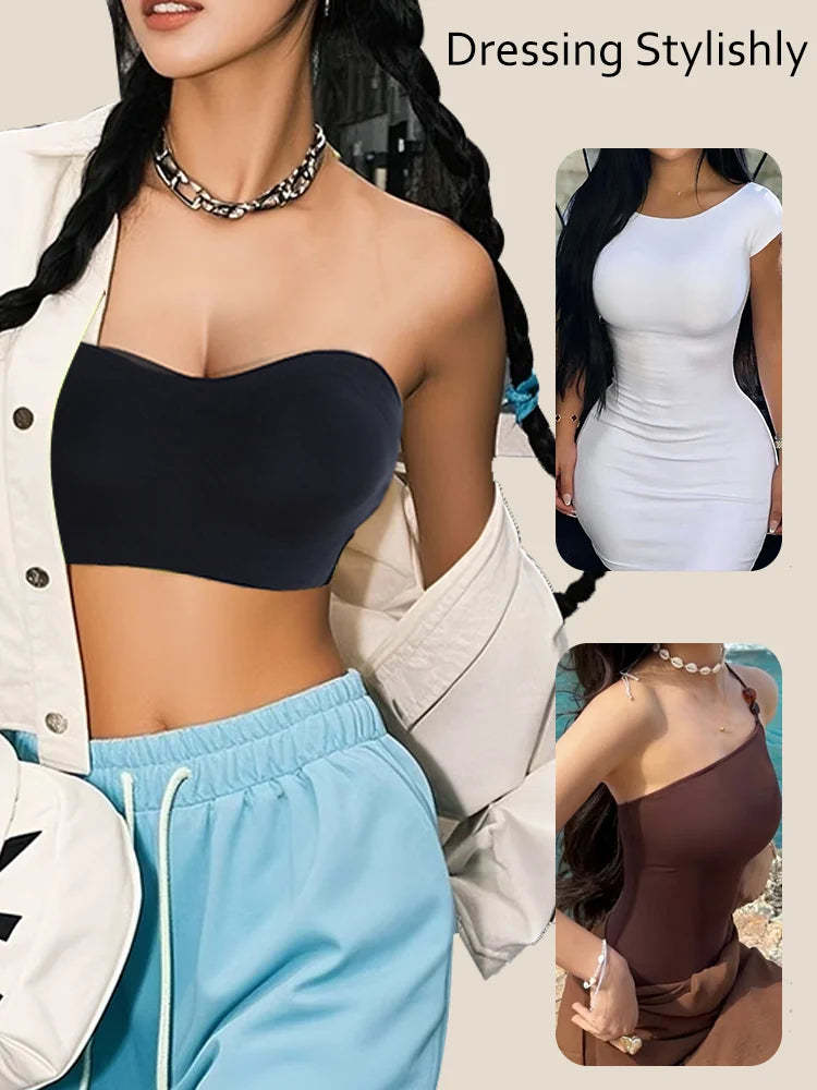 Female Removable Padded Soft Ice Silk Traceless Brasseries Wire Free Side Buckle Bra For Women Invisible Strapless Push Up Bras