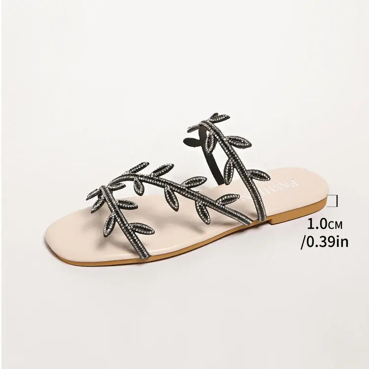 Fashionable Rhinestone Flat Bottom Sandals Women's Summer New Comfortable Slip-On Beach Slippers PU Material Casual Slippers
