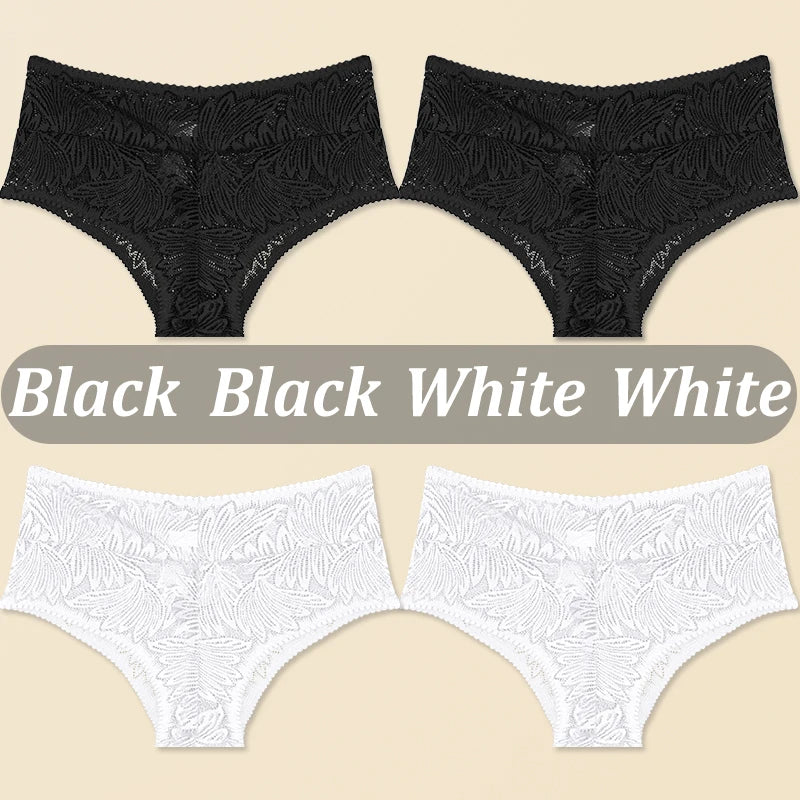 FINETOO 4PCS Floral Lace Thongs Sexy Perspective G-String Mid Waist T-back Female Breathable Intimates Brazilian Underwears