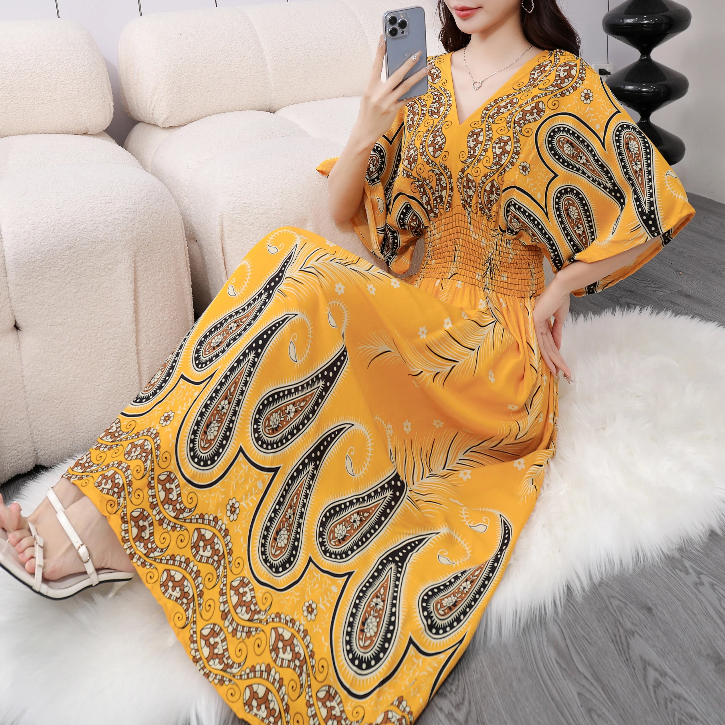 Colorful Flower V-neck Elastic Youthful Bohemian Sweet Midi Dress Woman Clothes Chic Fashion Summer Dresses 2025 Large Swing Ski