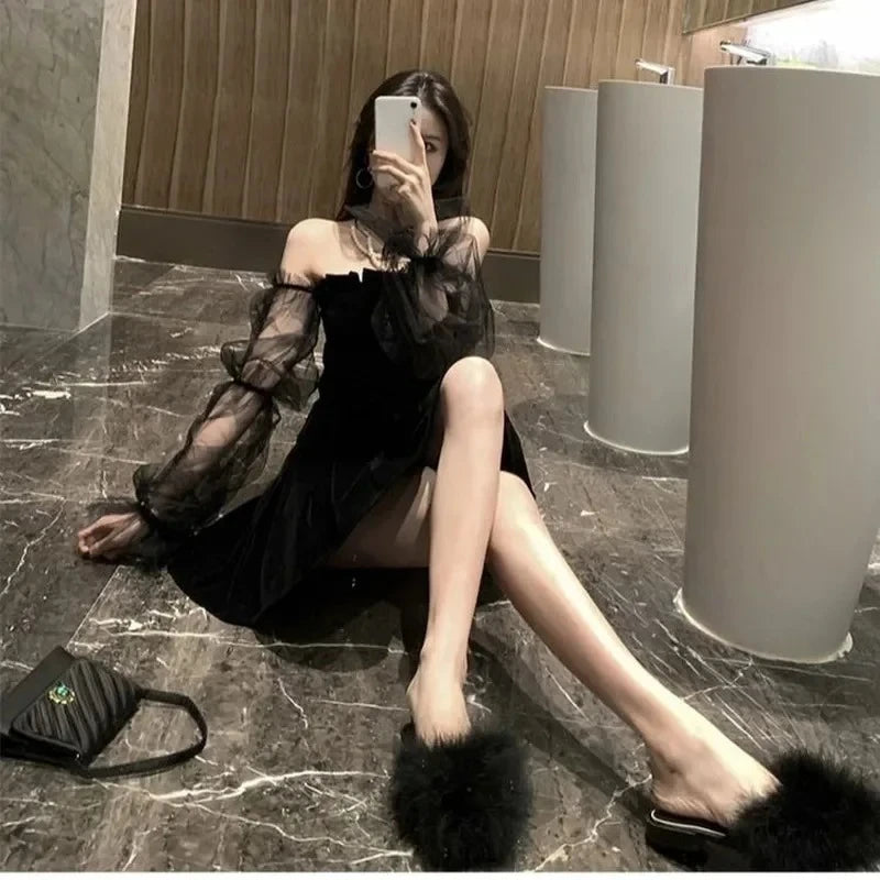 New 2025 Black Retro Dress Women Lace Chiffon Mini Dress Female High Street Sexy Korean Fashion Women Club Dress