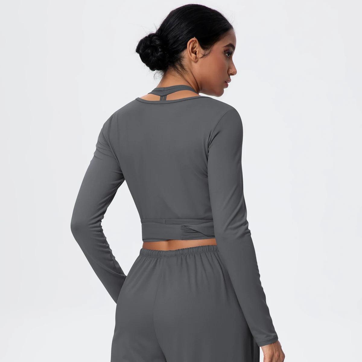 Women Slim Breathable Sports Top Women Active Wear Sports Yoga Long Sleeved Solid Color Running Shirts Straps Design Yoga Top