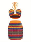 Vacation Tribal Knit Slim Skirt Set Crop Keyhole Halter Neck Top  High Waist Bodycon Slim Skirt Outfits Women's Clothing