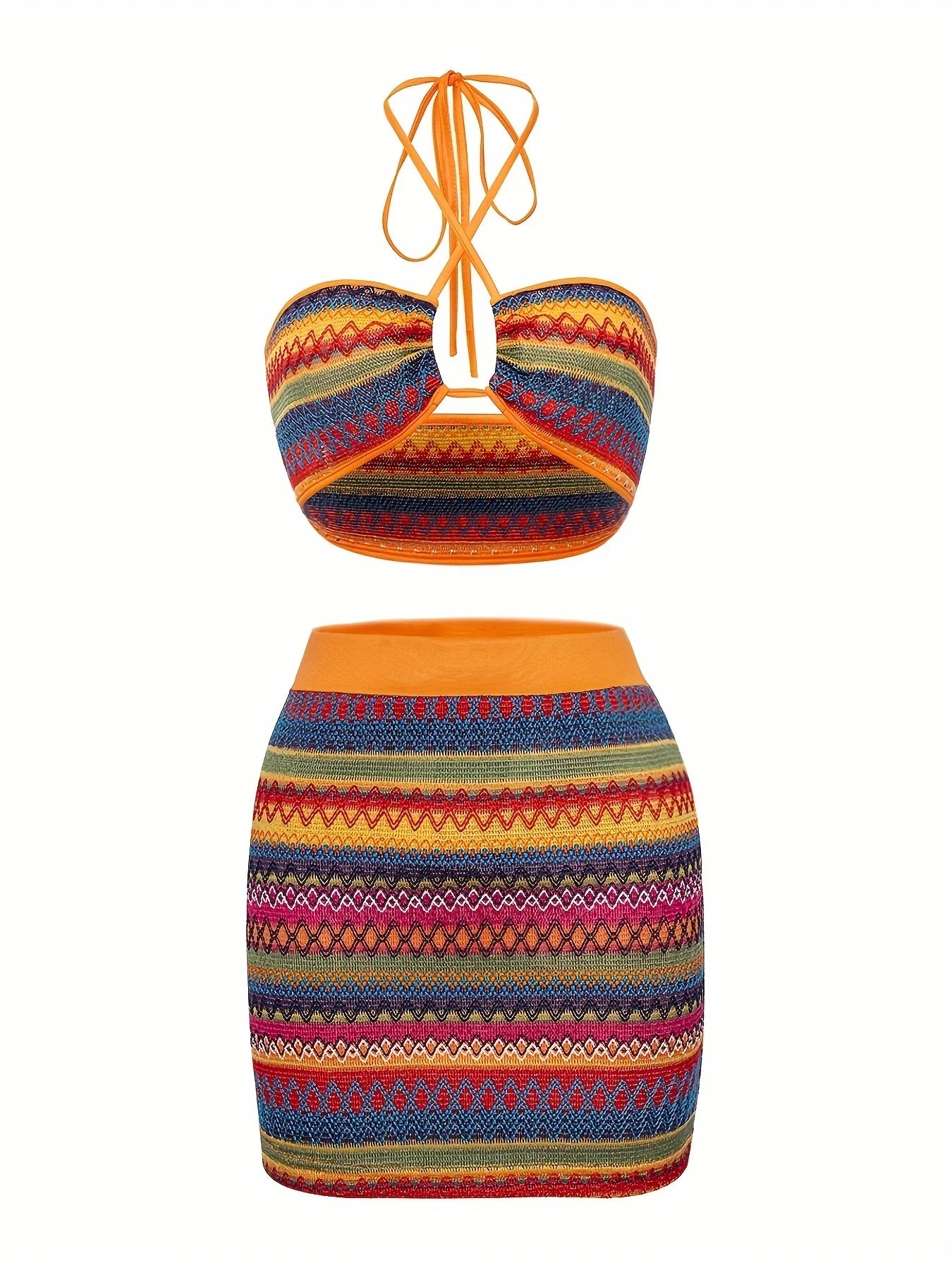 Vacation Tribal Knit Slim Skirt Set Crop Keyhole Halter Neck Top  High Waist Bodycon Slim Skirt Outfits Women's Clothing