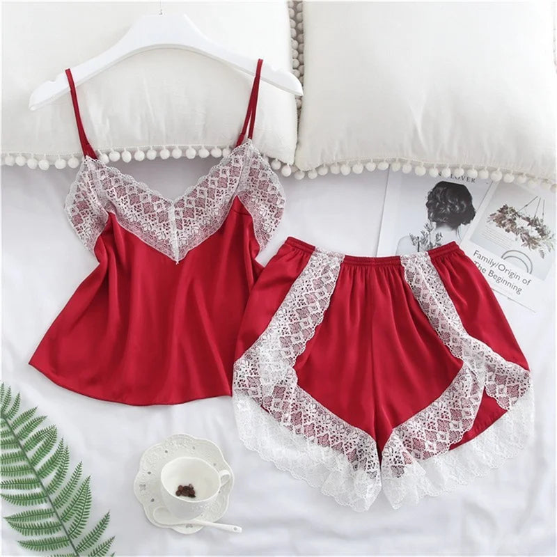 Sexy Lace Splicing Suspender Loose Shorts Two-Piece Pajama Set For Women
