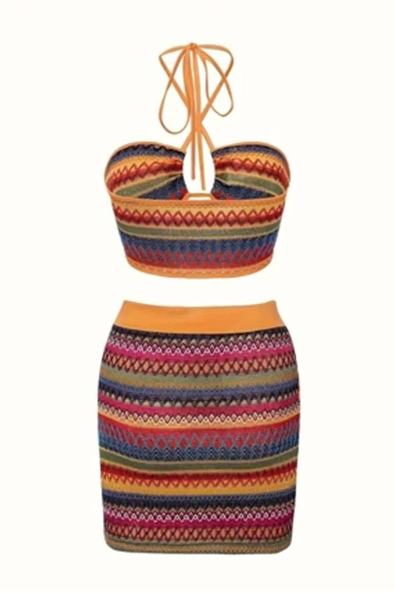 Vacation Tribal Knit Slim Skirt Set Crop Keyhole Halter Neck Top  High Waist Bodycon Slim Skirt Outfits Women's Clothing