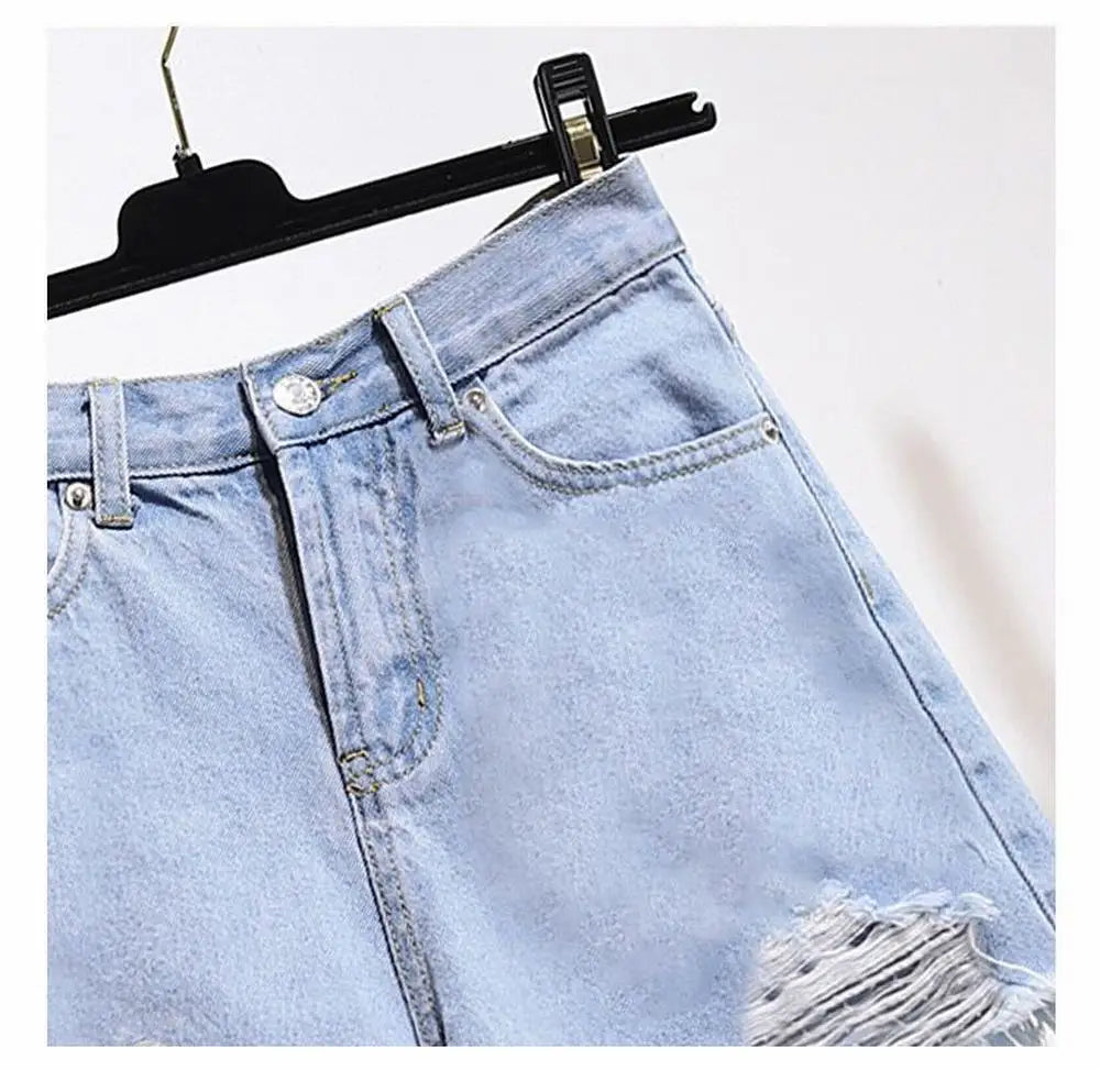 Summer Women's Cowboy Shorts Korean High Waist Casual Denim Shorts Pocket Tassel Perforated Ripped Holes Y2K Girls White Jeans