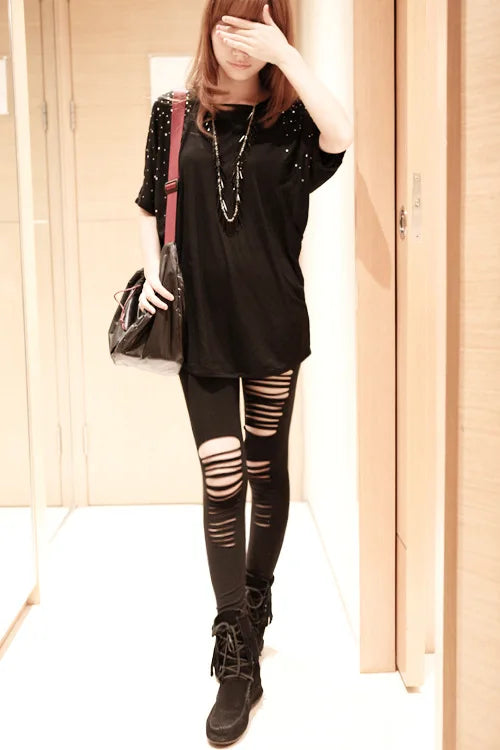 Sexy Leggings Ripped Leggins Women Low Waist Pants Hollow Out Leggings Stretch Dancing Club Street Pants