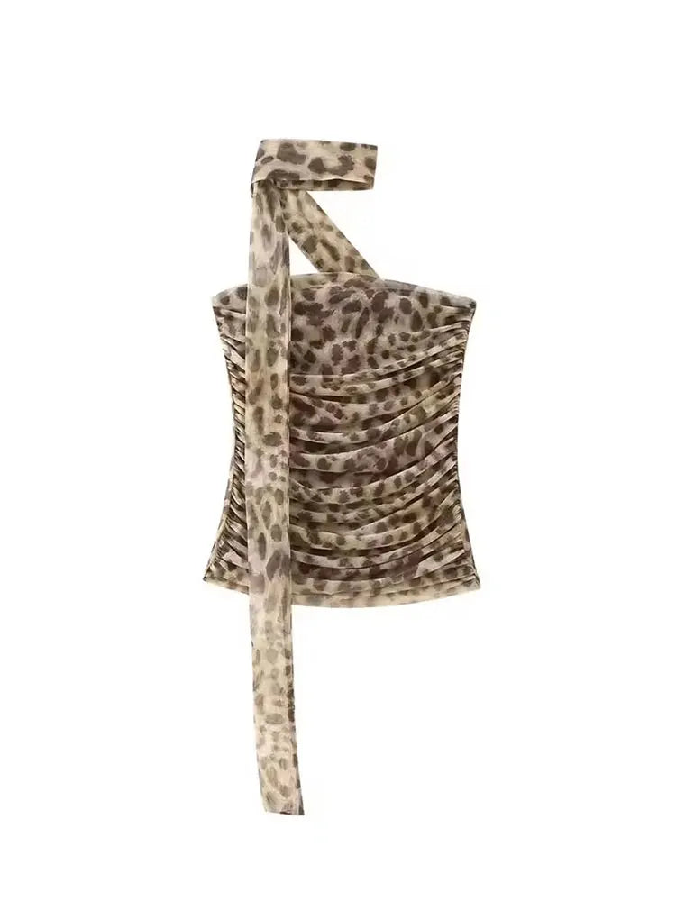 Women Leopard Print 2 Piece Outfit Strapless Ruched Crop Top Maxi Skirt Set With Choker Scarf Party Clubwear For Summer