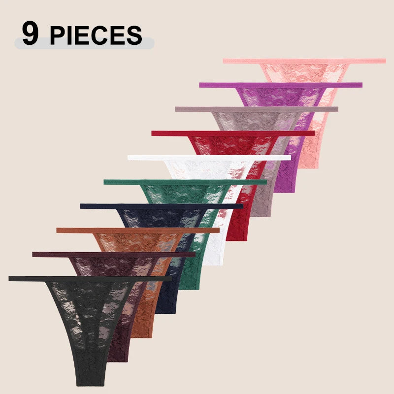 FINETOO 9Pcs Perspective T-Back Thongs Women Sexy Low Rise G-Strings Breathable Underpants Female Lace Floral Intimates Lingerie