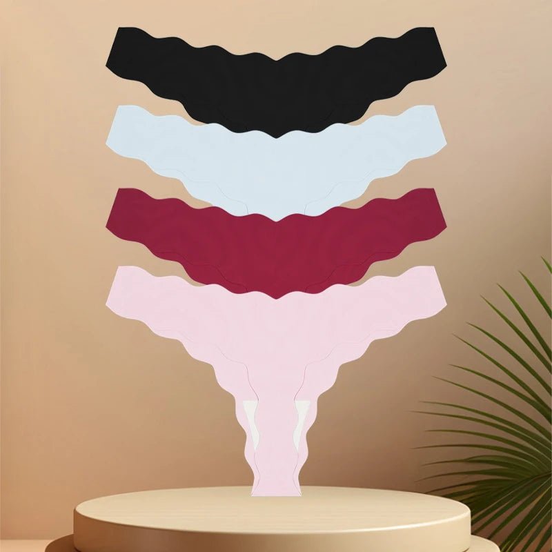 4Pcs Seamless Invisible Thongs Underwear for Women Low Waist Sexy Wave Belt T-Back Breathable Stretchy G-String Panties Lingerie