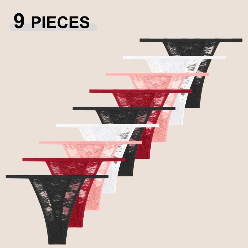 FINETOO 9Pcs Perspective T-Back Thongs Women Sexy Low Rise G-Strings Breathable Underpants Female Lace Floral Intimates Lingerie