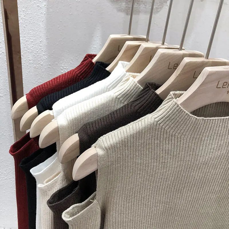 Knitted Sweater Women Pullovers New Long Sleeve Stand Collar Off-shoulder Knit Sweater Pullover Women Tops Sueters De Mujer Q781