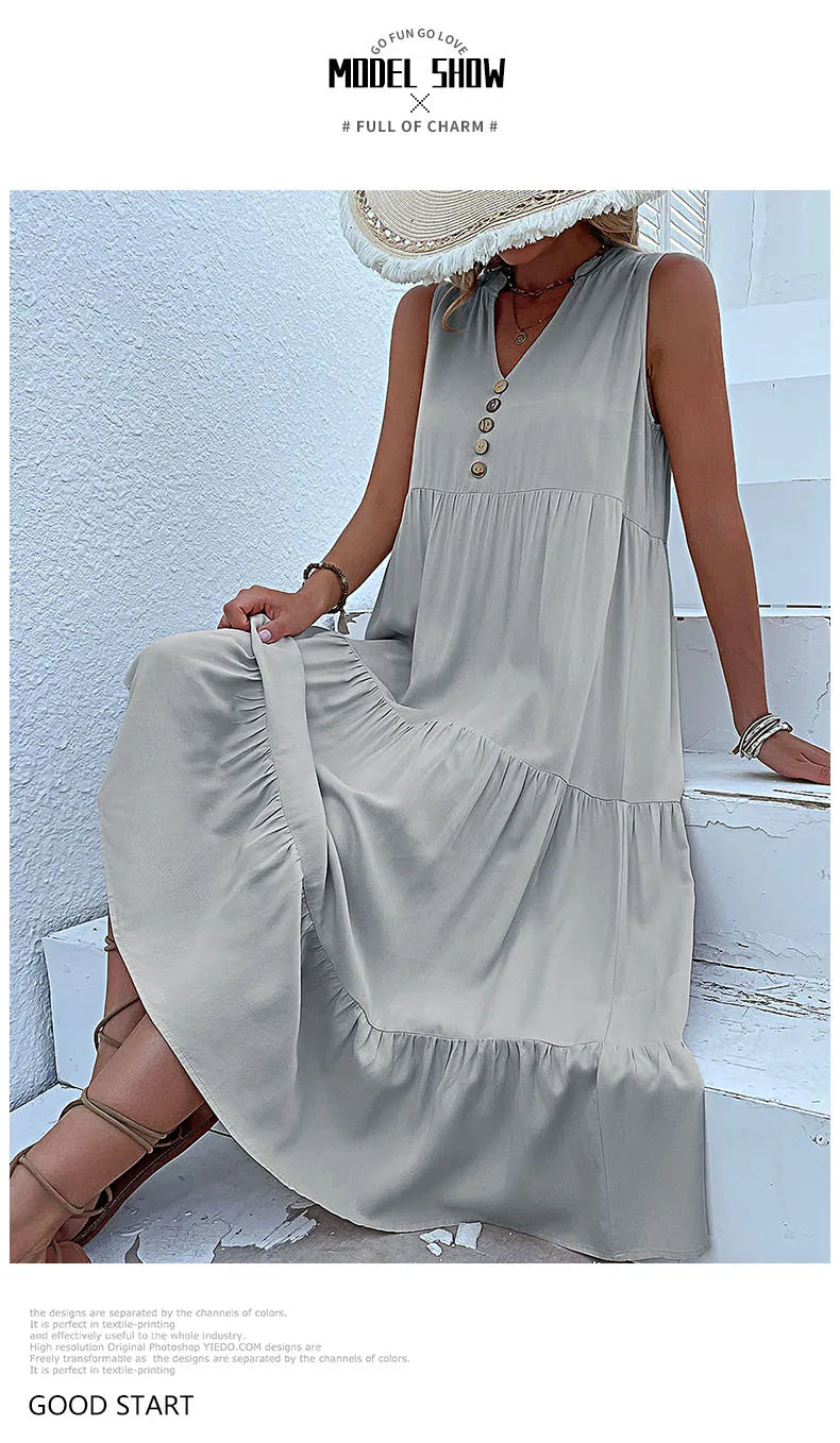 Casual Summer Midi Dress Women Sleeveless Tank V Neck Buttons Ruffle Loose Dresses Beach Soild Sundress Fashion