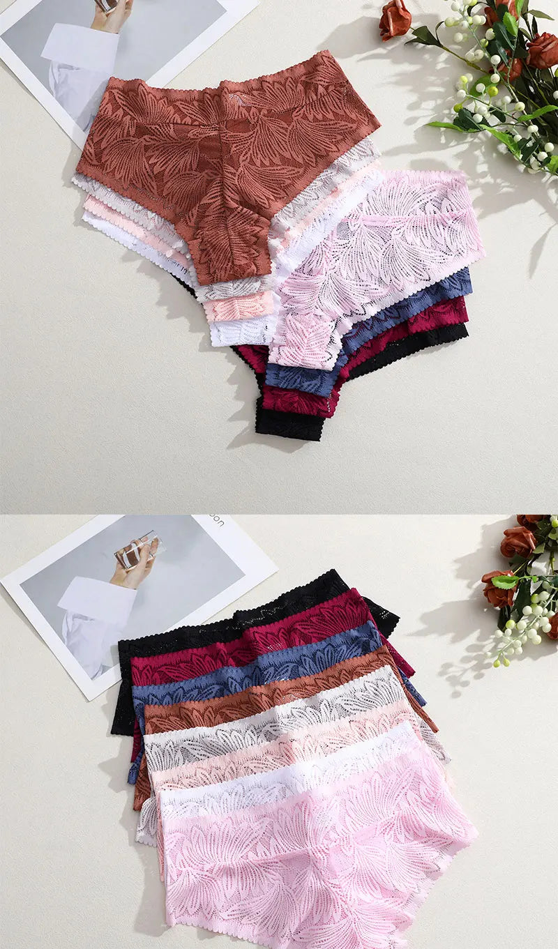 FINETOO 4PCS Floral Lace Thongs Sexy Perspective G-String Mid Waist T-back Female Breathable Intimates Brazilian Underwears