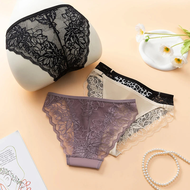 TrowBridge 3PCS/Set Women's Panties Sweet Hollow Out Lace Underwear Leopard Sexy Lingerie Fashion Ladies Briefs Cozy Underpants