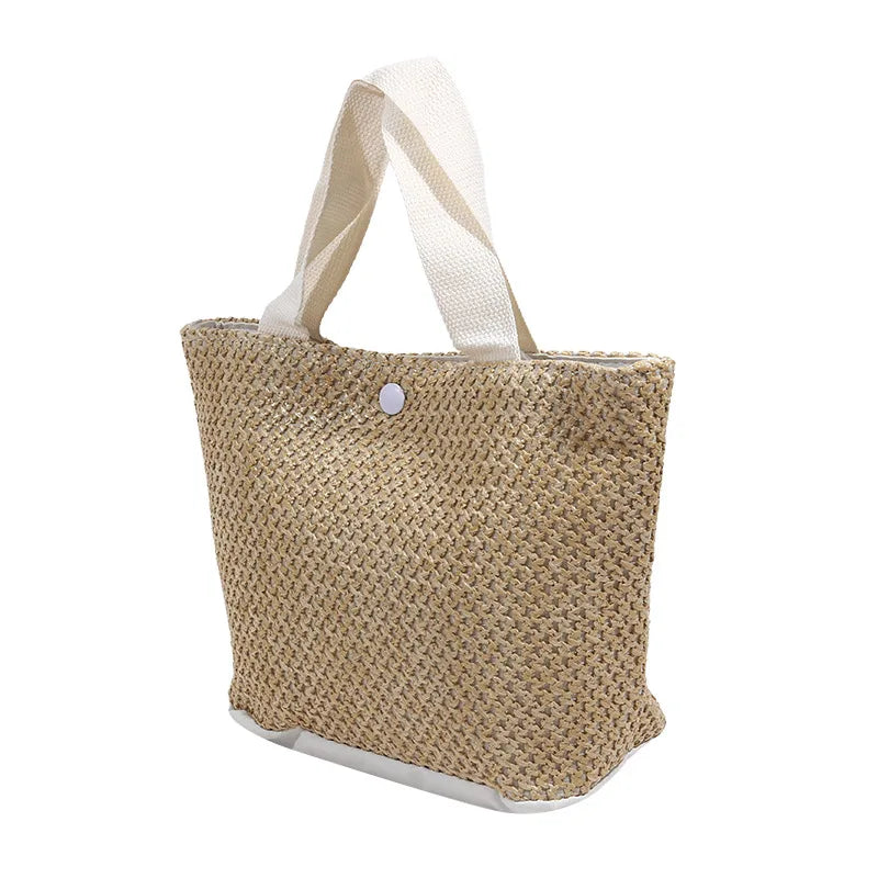 Trendy Straw Handbag Women's Woven Beach Bag Casual Snap Button Satchel Bag Small Braided Shoulder Bag For Travel Beach Trip