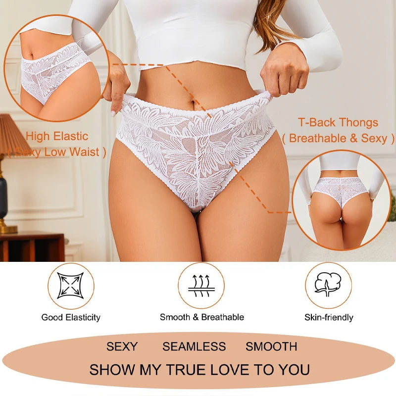 FINETOO 4PCS Floral Lace Thongs Sexy Perspective G-String Mid Waist T-back Female Breathable Intimates Brazilian Underwears
