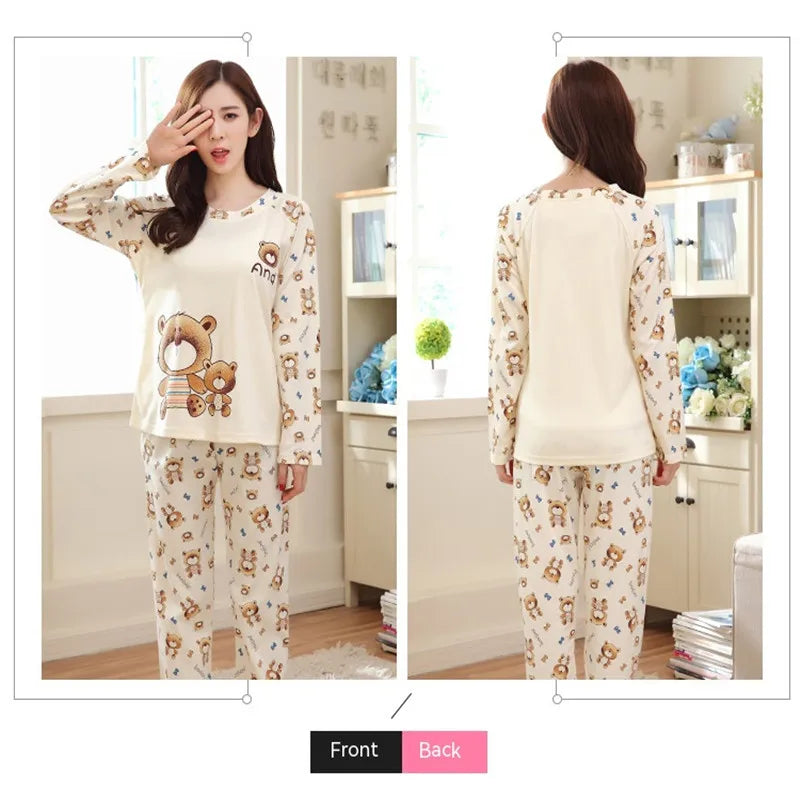 Long-Sleeved Pyjamas 2024 New Ladies Cartoon Cute Peach Heart Long-Sleeved Trousers Homewear Clothing Can Be Worn Outside
