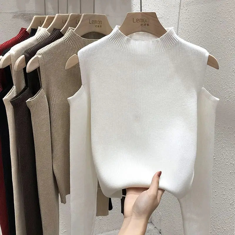 Knitted Sweater Women Pullovers New Long Sleeve Stand Collar Off-shoulder Knit Sweater Pullover Women Tops Sueters De Mujer Q781