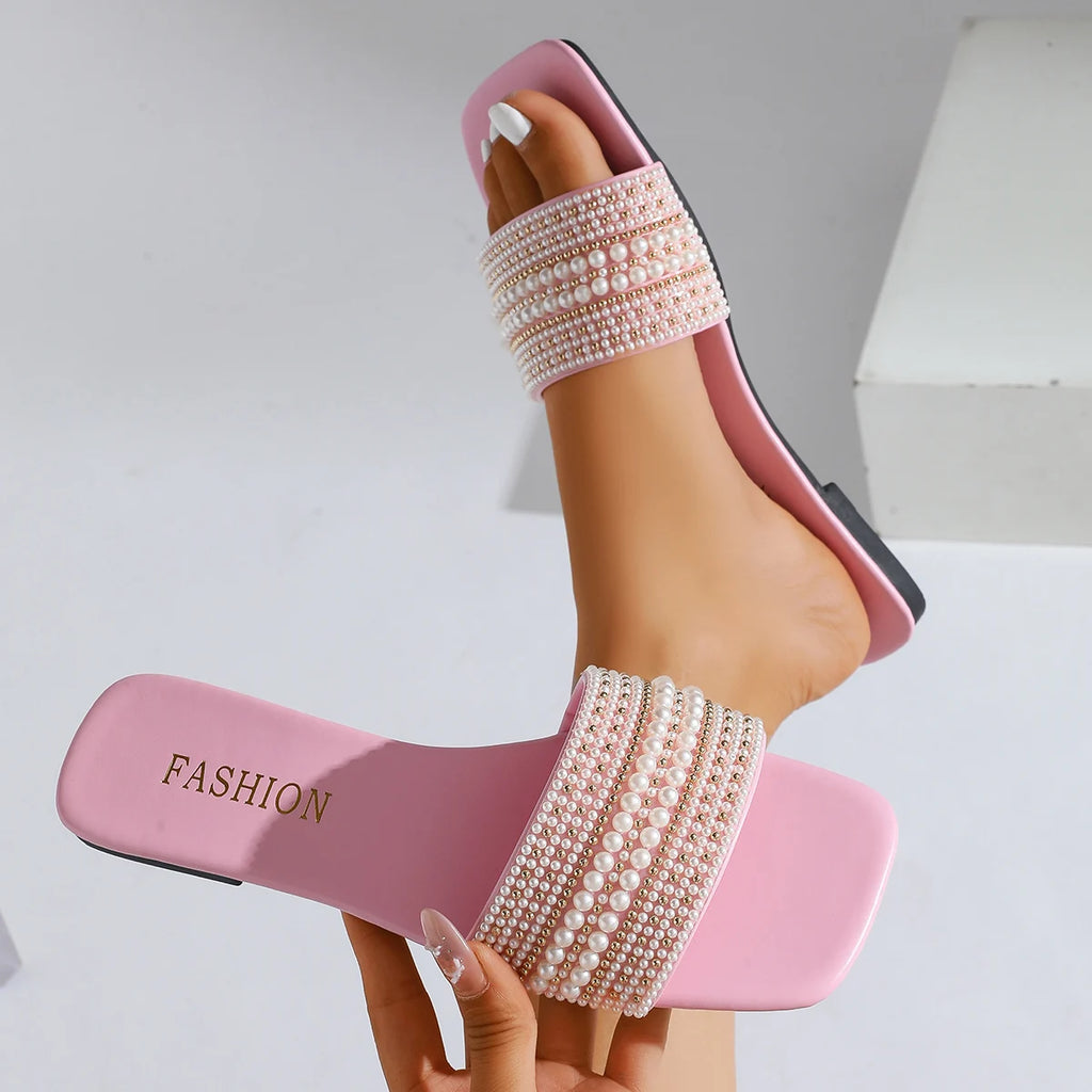 Luxury Design Pearls Beaded Flat Sandals Women Summer 2026 Comfortable Soft Sole Square Toe Slippers Women Beach Non Slip Slides