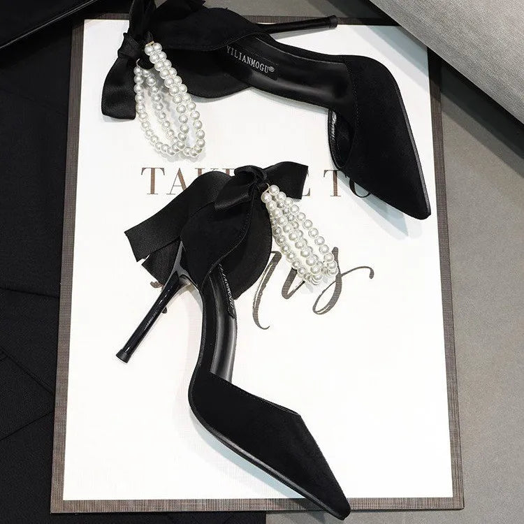 2026 Black Women's Pumps Summer New Brand Design String Bead Pearls Wedding Bridal High Heels Sexy Pointed Toe Party Dance Shoes