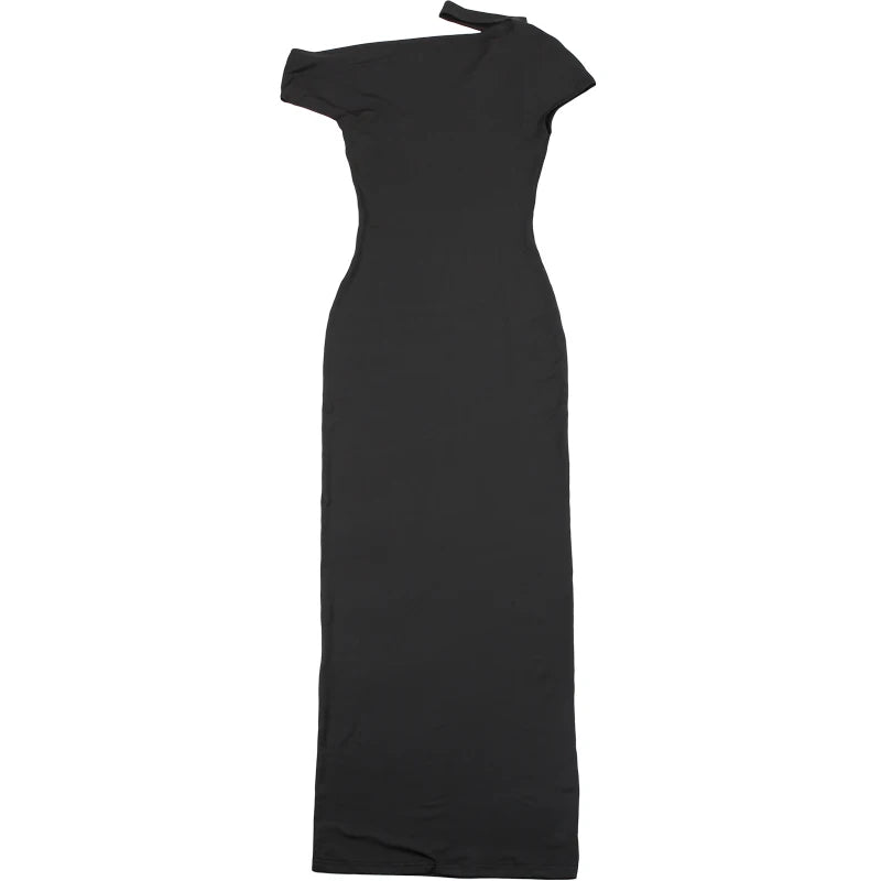 Weird Puss Incline Shoulder Dress Woman Summer Sexy Solid Irregular Collar Elegant Sleeveless Chic Party Skinny Evening Vestidos