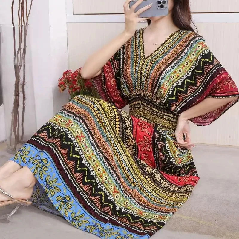 Colorful Flower V-neck Elastic Youthful Bohemian Sweet Midi Dress Woman Clothes Chic Fashion Summer Dresses 2025 Large Swing Ski