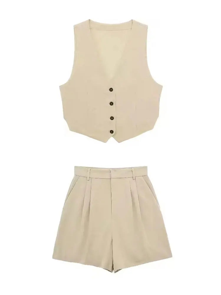 HH Women 2 Piece Vest Shorts Set V Neck Button Waistcoat High Waist Pleated Shorts Office Lady Casual Business Solid Suit