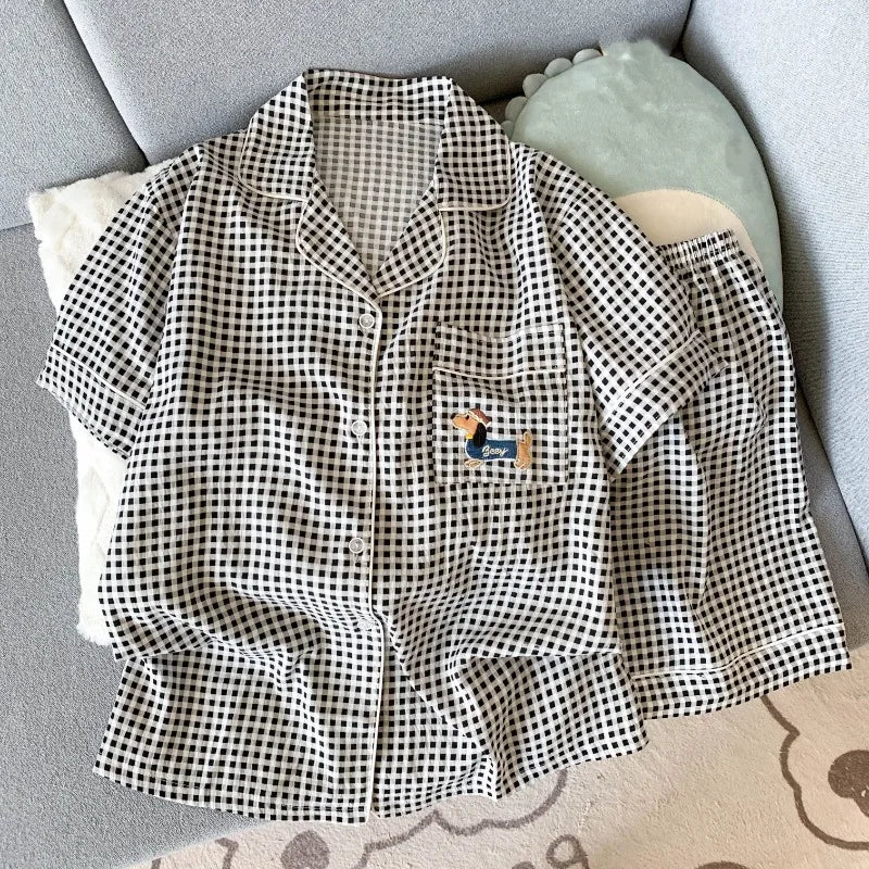 Embroidery Dachshund Strip Print Women's Pajamas Set Harajuku Style Sweet Cute Sleepwear Set Short Sleeve Women's Pajamas Summer