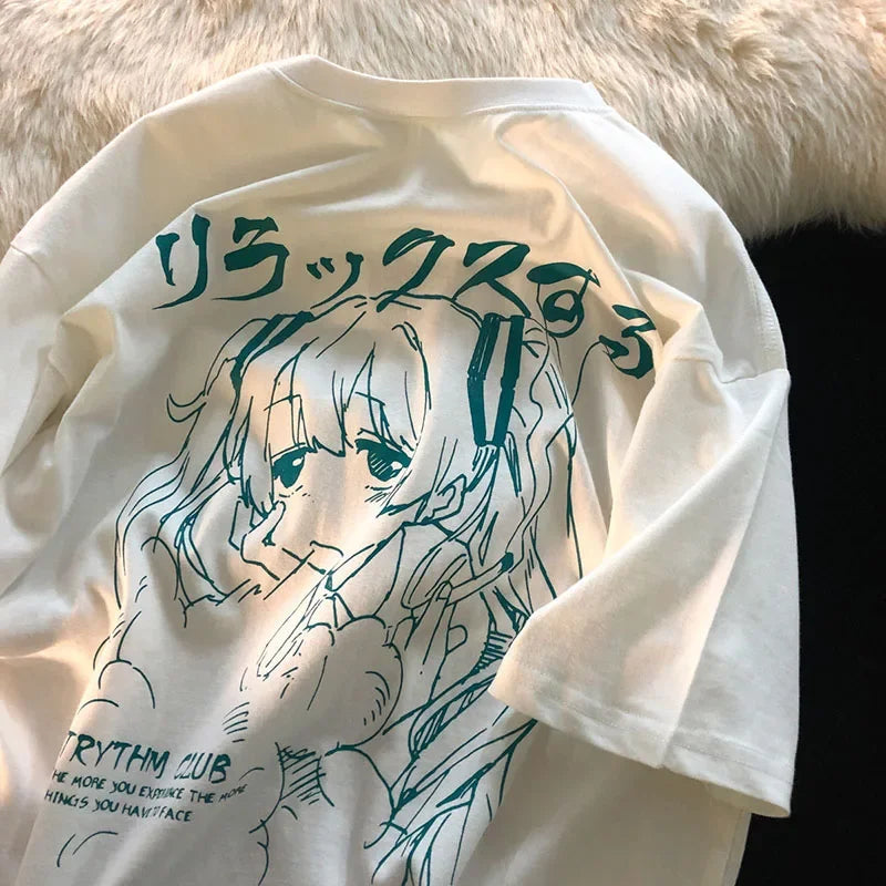 Women's Y2K Japanese Harajuku Graphic T-Shirt Kawaii Anime Print Oversized Grunge Top for Casual Wear Graphic T Shirts