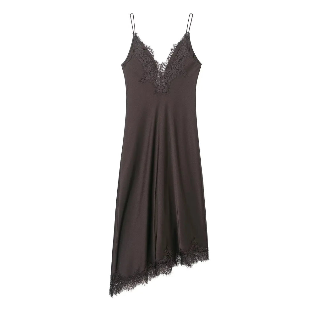 HH Fashion Soild Asymmetric Lace Satin Dress For Women's Sexy V-Neck Sleeveless Backless Slit Evening Party Slip Midi Dress