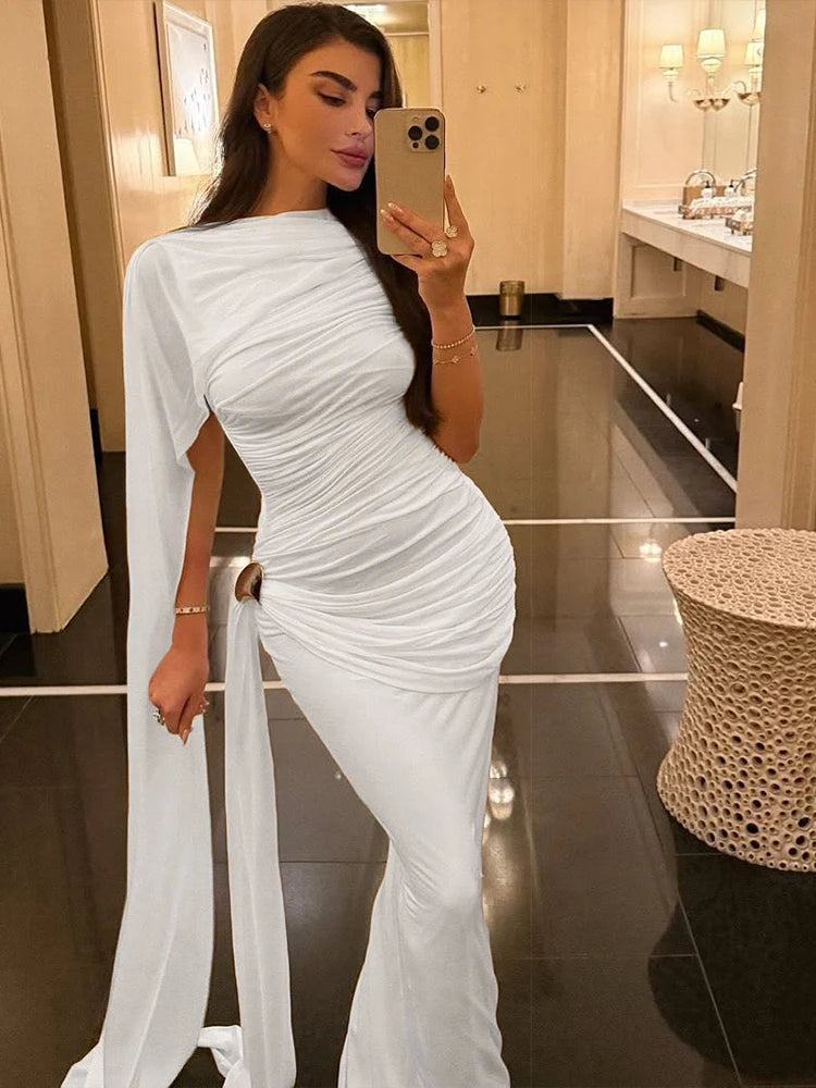 Sisterlinda Elegant Dress Woman Ruched o-Neck Sleeveless Irregular Ribbon Metal Trim Classic Birthday Party Banquet Vestidos