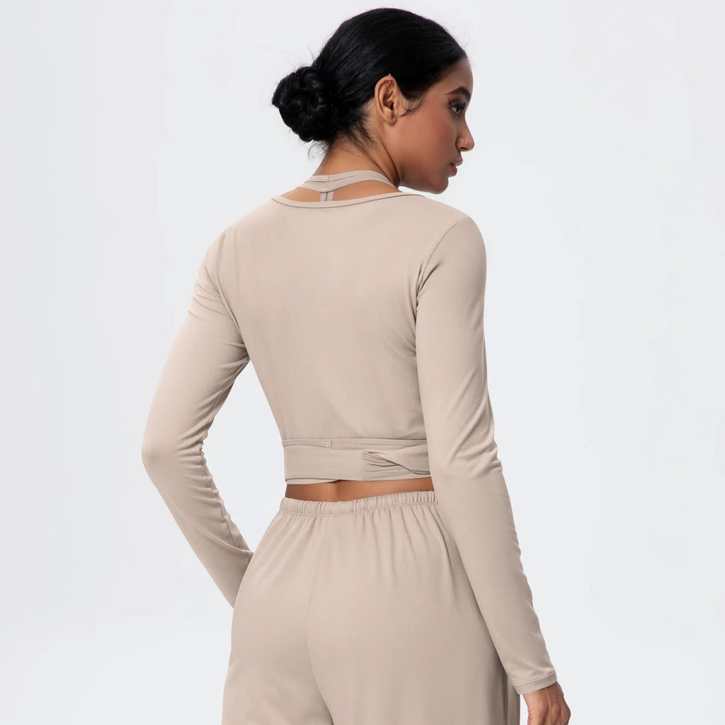 Women Slim Breathable Sports Top Women Active Wear Sports Yoga Long Sleeved Solid Color Running Shirts Straps Design Yoga Top