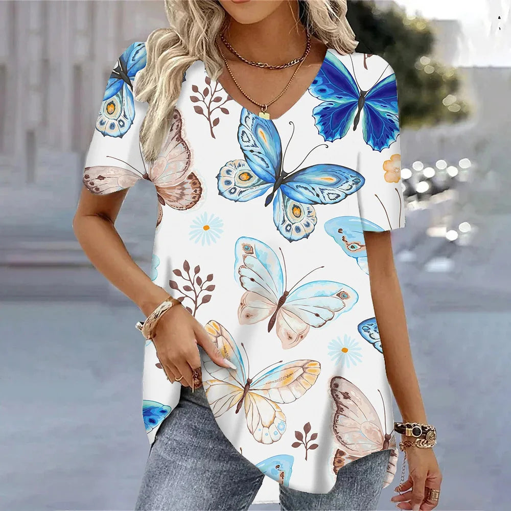 3D Butterfly Printed Short Sleeve T-shirt Korean Style Women's Clothes 2024 V-neck Short Sleeves Tees Shirt Loose Casual Blouses