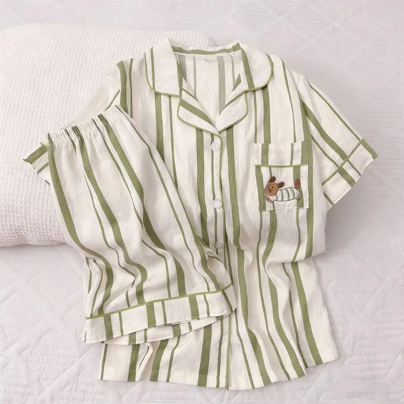 Embroidery Dachshund Strip Print Women's Pajamas Set Harajuku Style Sweet Cute Sleepwear Set Short Sleeve Women's Pajamas Summer