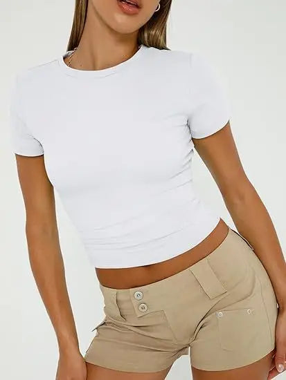 1pcs Women's Sport T-shirt Girl Solid Basic Fitness Running Yoga Tees Lady Short Sleeve Slim Sexy Round Neck Casual Shirts Tops