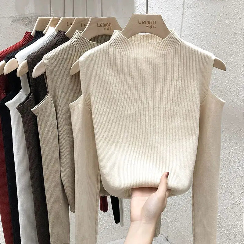 Knitted Sweater Women Pullovers New Long Sleeve Stand Collar Off-shoulder Knit Sweater Pullover Women Tops Sueters De Mujer Q781