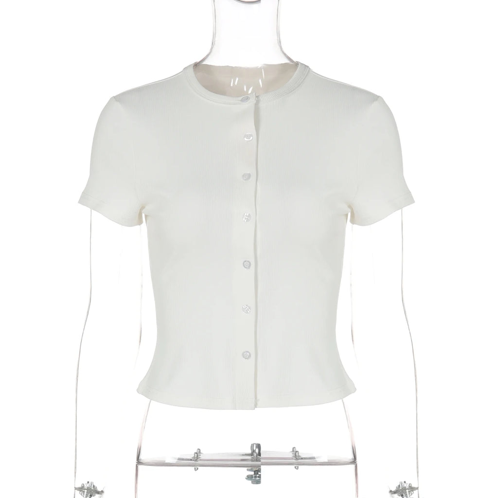Hugcitar Fashion Solid O Neck Short Sleeve Buttons Sexy Slim Crop T-Shirt Top Summer Casual Women Clothes Streetwear Party