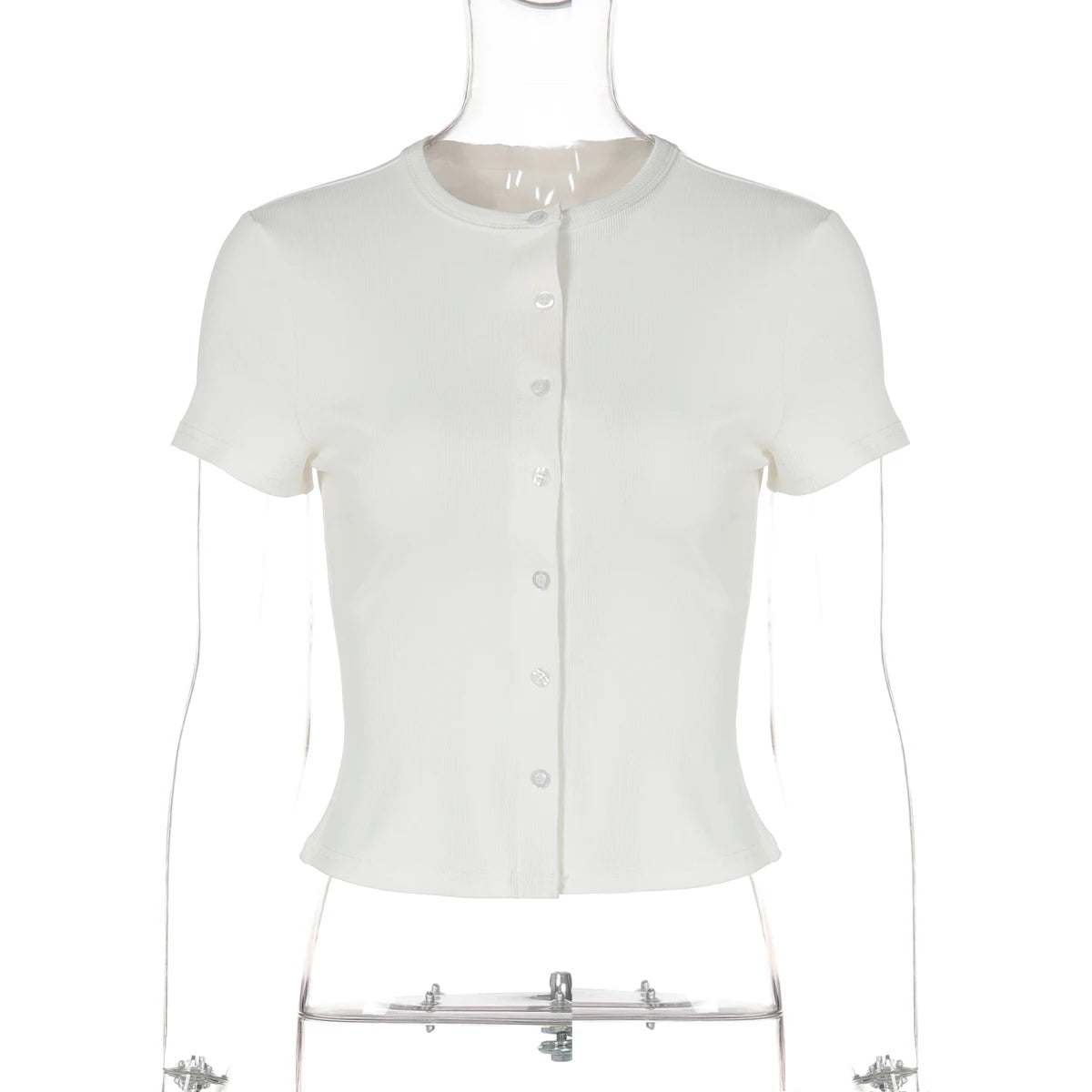 Hugcitar Fashion Solid O Neck Short Sleeve Buttons Sexy Slim Crop T-Shirt Top Summer Casual Women Clothes Streetwear Party