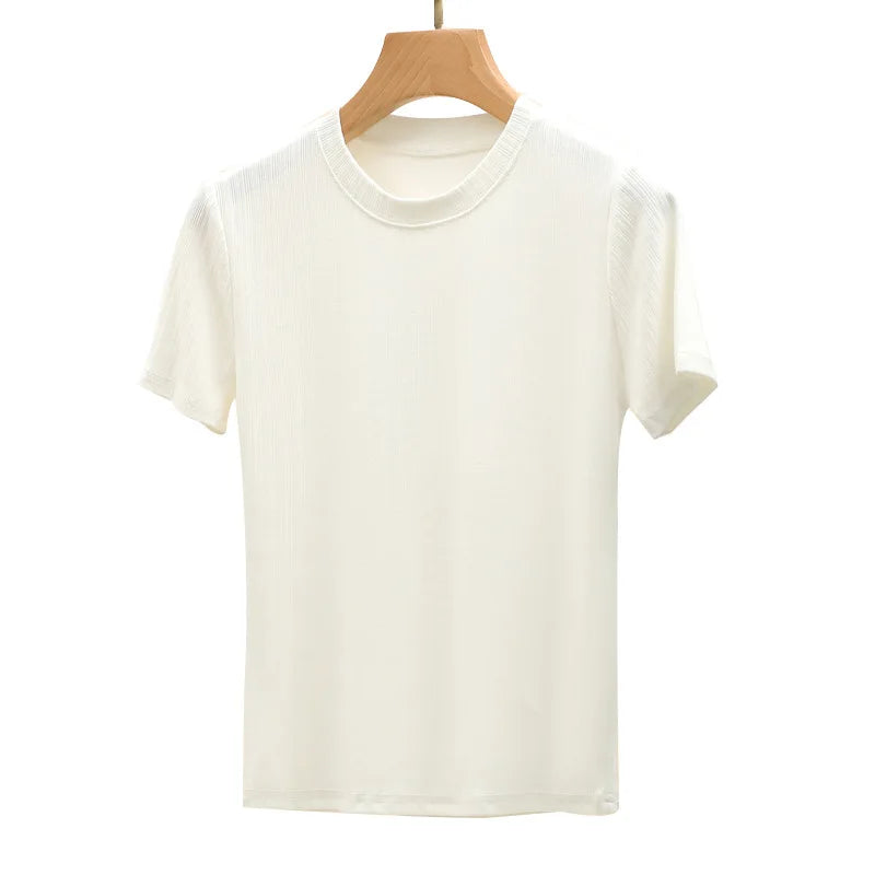 Summer New Women's Crewneck T-shirt Knitted Short-sleeved Top Casual All-match T-shirt Striped Base Shirt Slim-fit Breathable