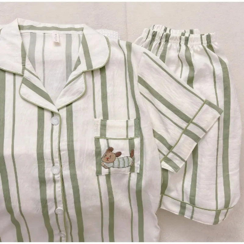 Embroidery Dachshund Strip Print Women's Pajamas Set Harajuku Style Sweet Cute Sleepwear Set Short Sleeve Women's Pajamas Summer