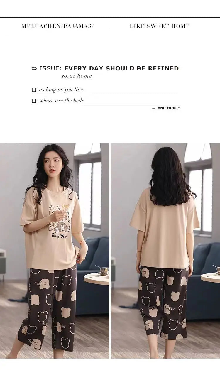 Summer New Ladies Pajamas Homewear Set of Short-Sleeved Pajamas Women's Summer Simple Korean Cartoon Loose Large Size Homewear
