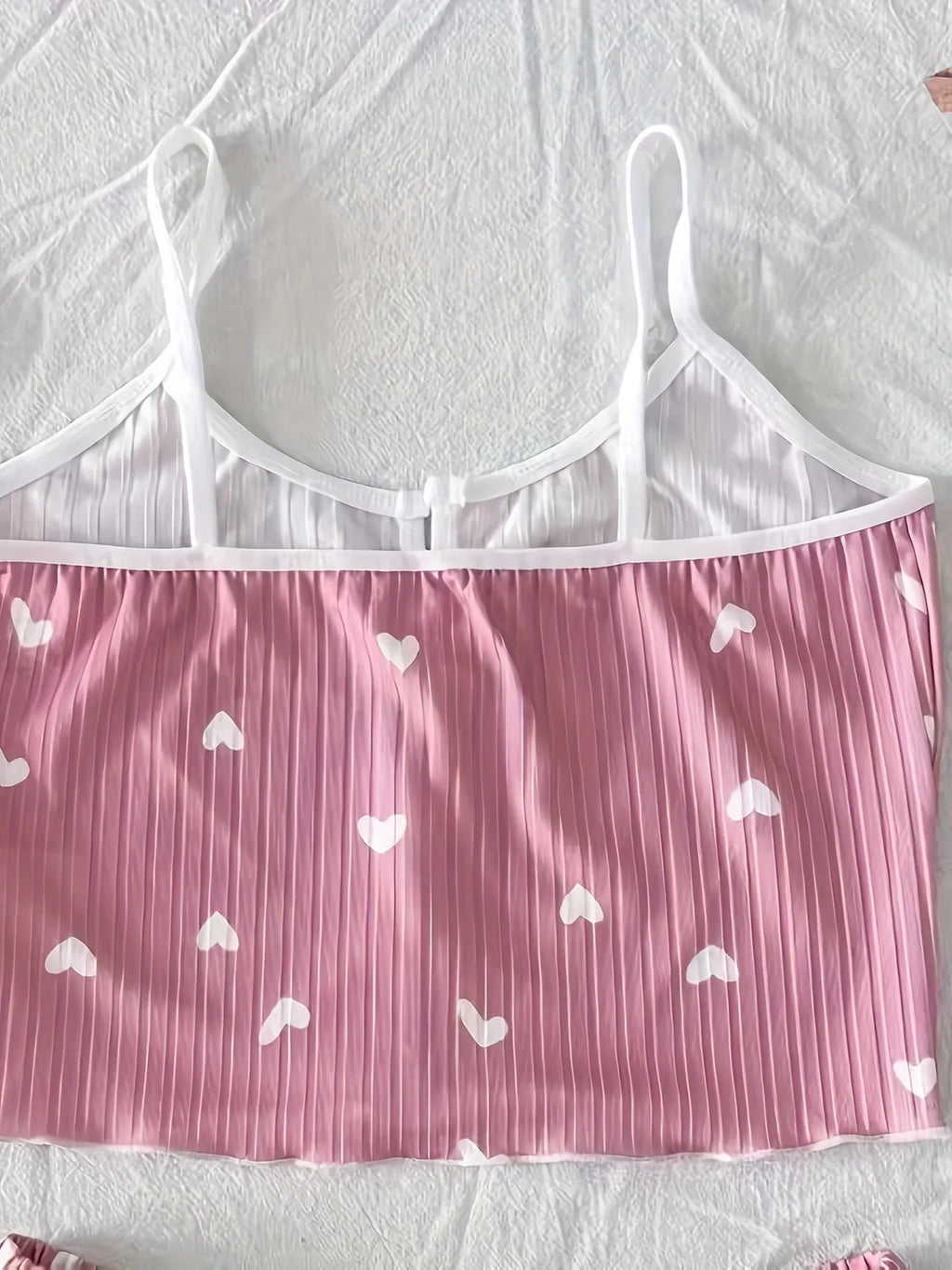 Women Heart Print Ribbed Pajama Set Bow Decor Crop Cami Top and Elastic Shorts Summer Sleepwear Lounge Set
