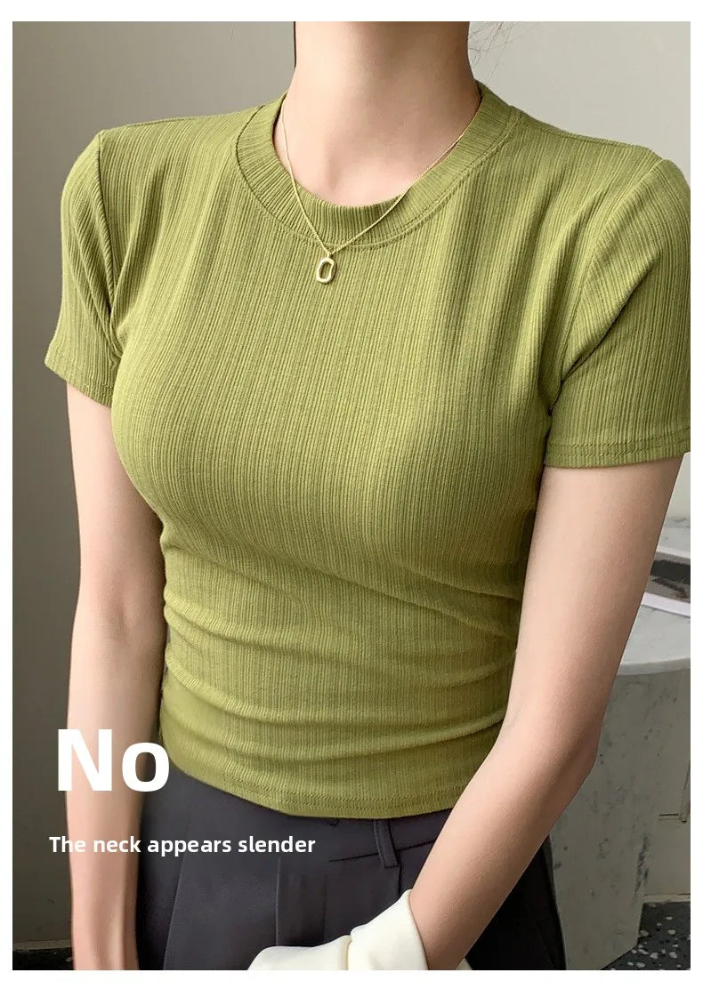 Summer New Women's Crewneck T-shirt Knitted Short-sleeved Top Casual All-match T-shirt Striped Base Shirt Slim-fit Breathable