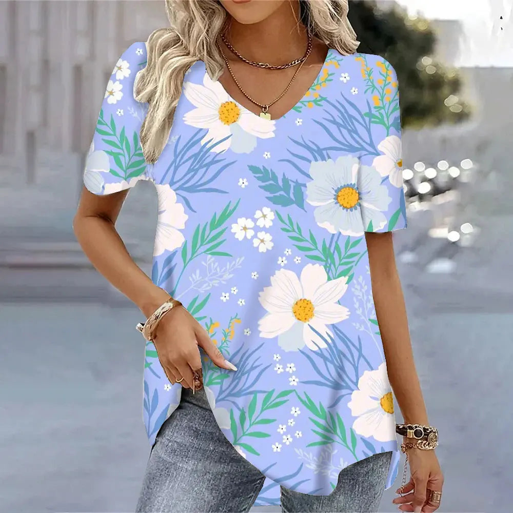3D Butterfly Printed Short Sleeve T-shirt Korean Style Women's Clothes 2024 V-neck Short Sleeves Tees Shirt Loose Casual Blouses