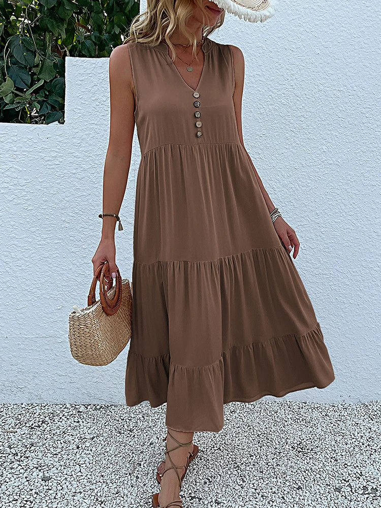 Casual Summer Midi Dress Women Sleeveless Tank V Neck Buttons Ruffle Loose Dresses Beach Soild Sundress Fashion