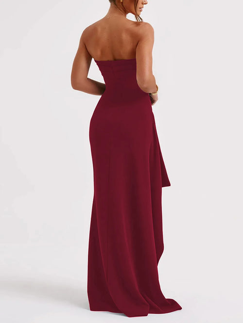 2025 spring new elegant temperament solid color strapless shoulder tight waist high slit little dress dress